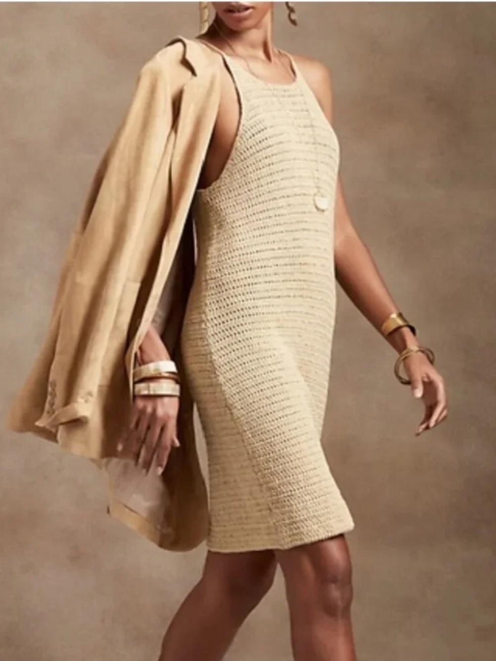 Banana Republic Cotton Pale Khaki Crochet Knit Mini Dress Size XS